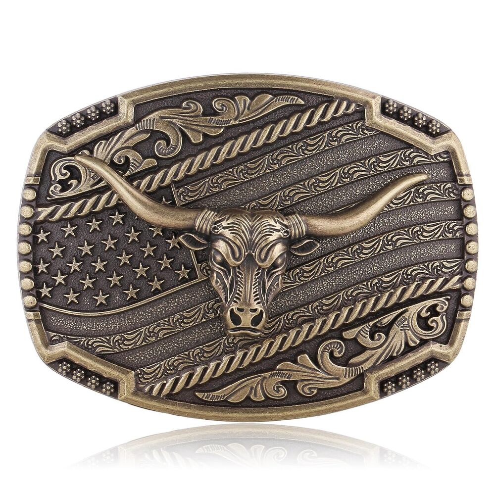 8329 Long Horn Bull Western Belt Buckle American Flag Cowboy Belt Buckle